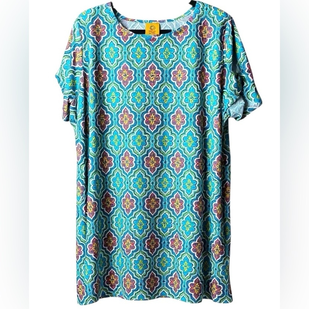 Ruby Rd. Plus Size 1X Colorful Geometric Print Shift Dress Teal / Pink / Yellow